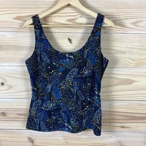 Y2K Sparkle Tank Top Large Whimsigoth Blue Dark Floral Leaf Print Scoop Neck